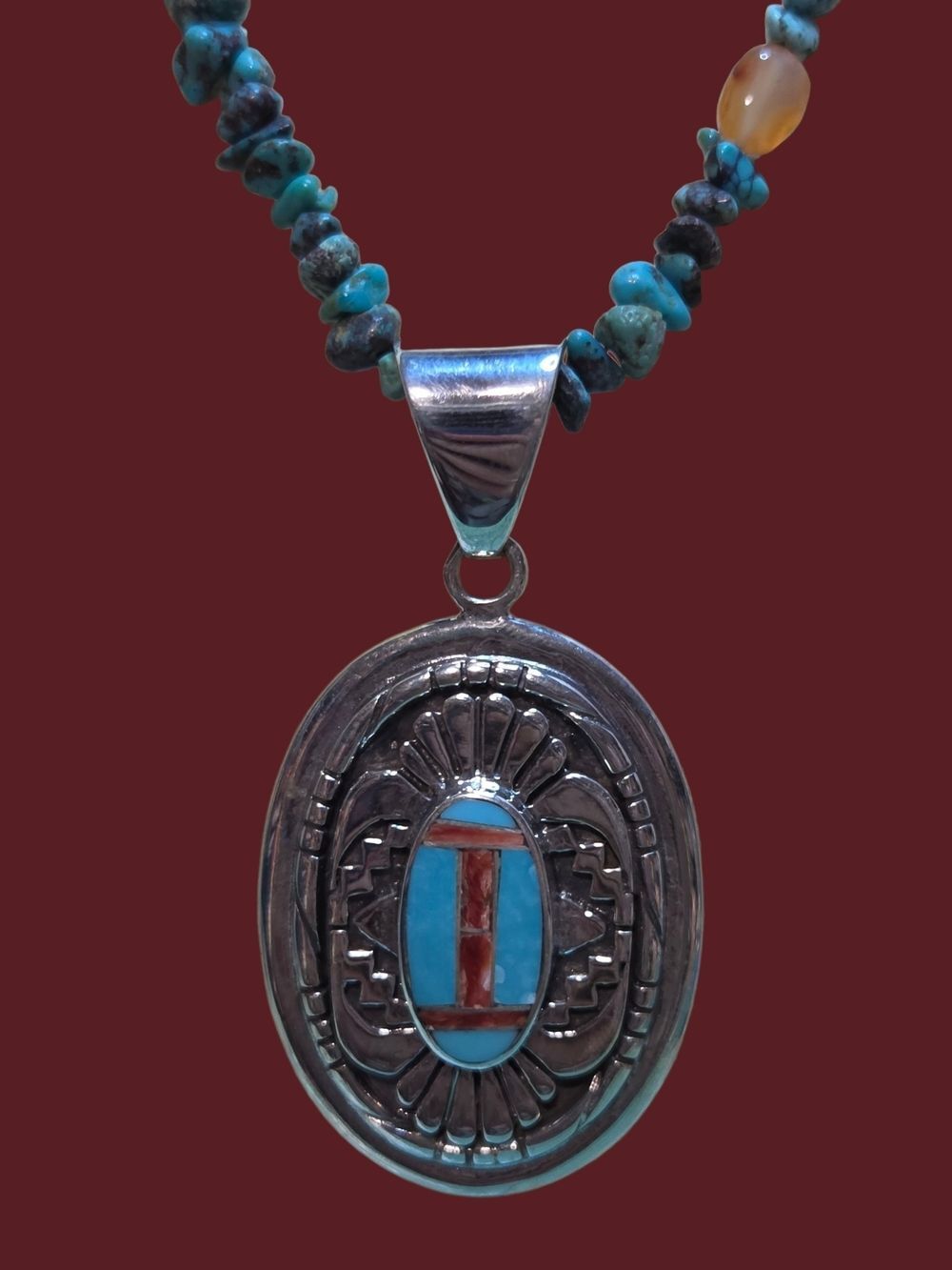 Turquoise Multi-Bead Necklace & Southwestern Oval Inlay Pendant Set